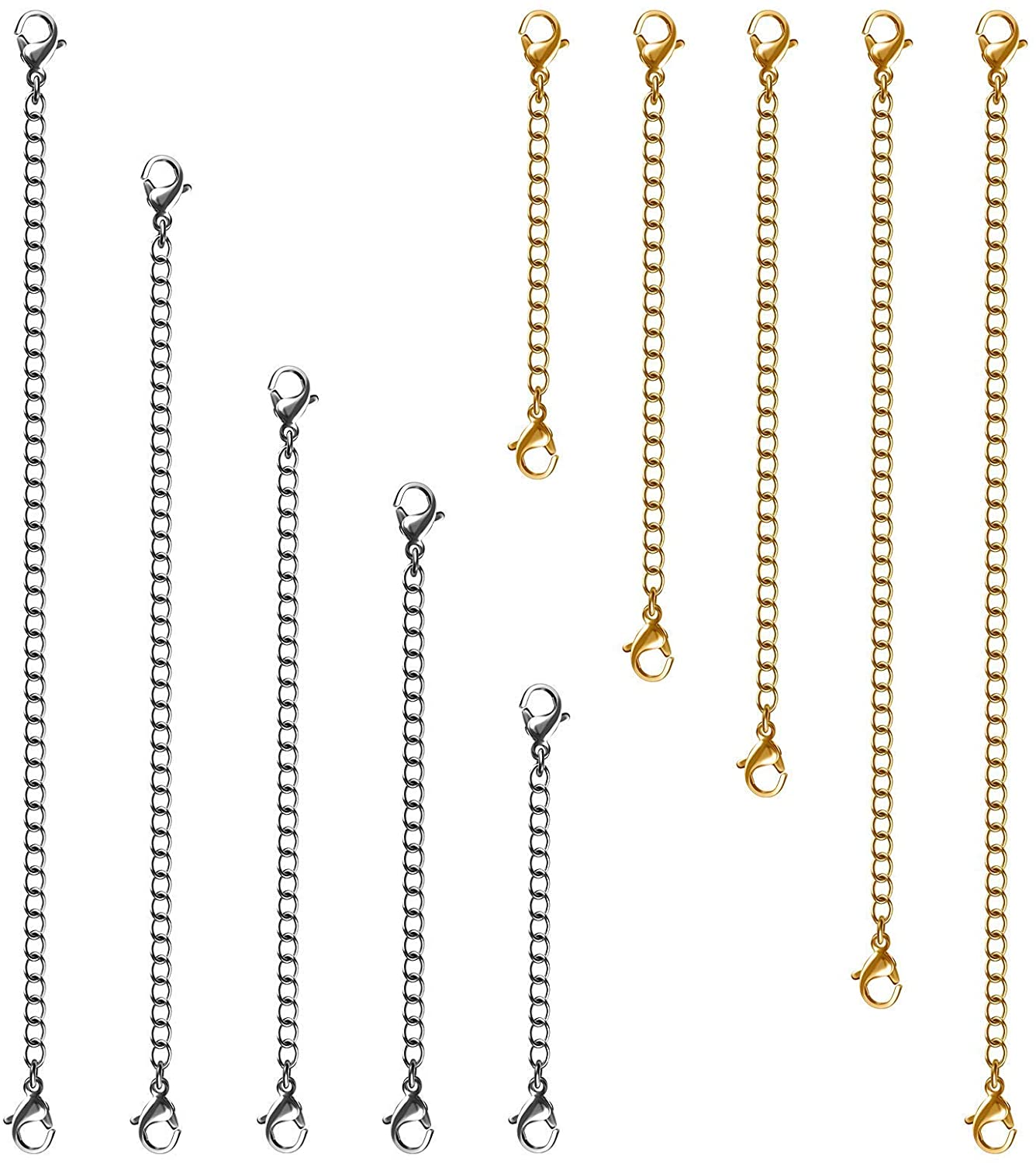 Necklace Extenders, 15 Pcs Stainless Steel Gold Silver Necklace Bracelet Anklet Extension Chains with Lobster Clasps and Closures for Jewelry Making